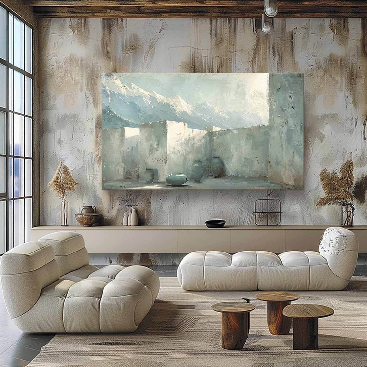 Grey and Green Landscape Canvas Art Wabi-Sabi Wall Art Modern Grey and Green Abstract Wall Art Decor