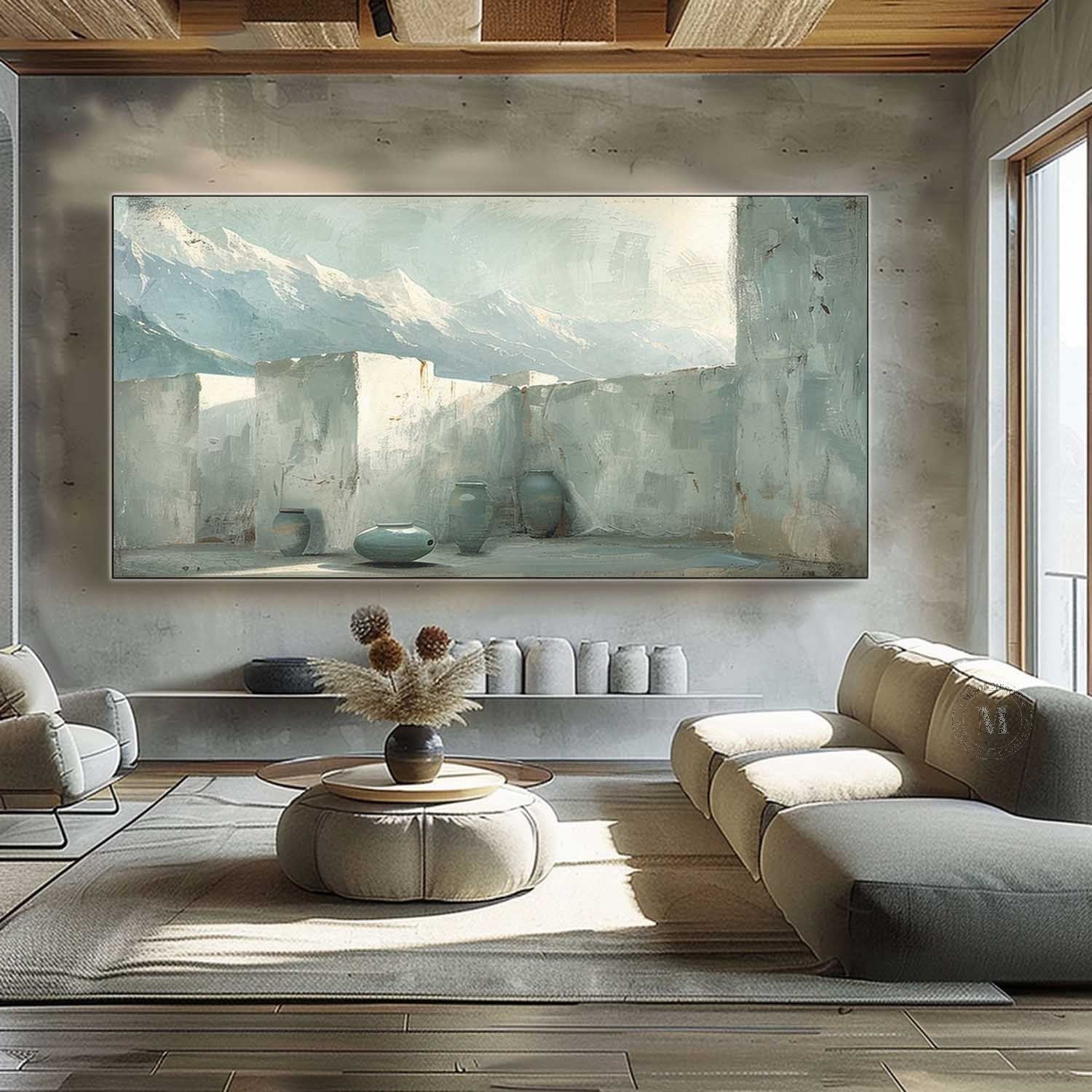 Grey and Green Landscape Canvas Art Wabi-Sabi Wall Art Modern Grey and Green Abstract Wall Art Decor