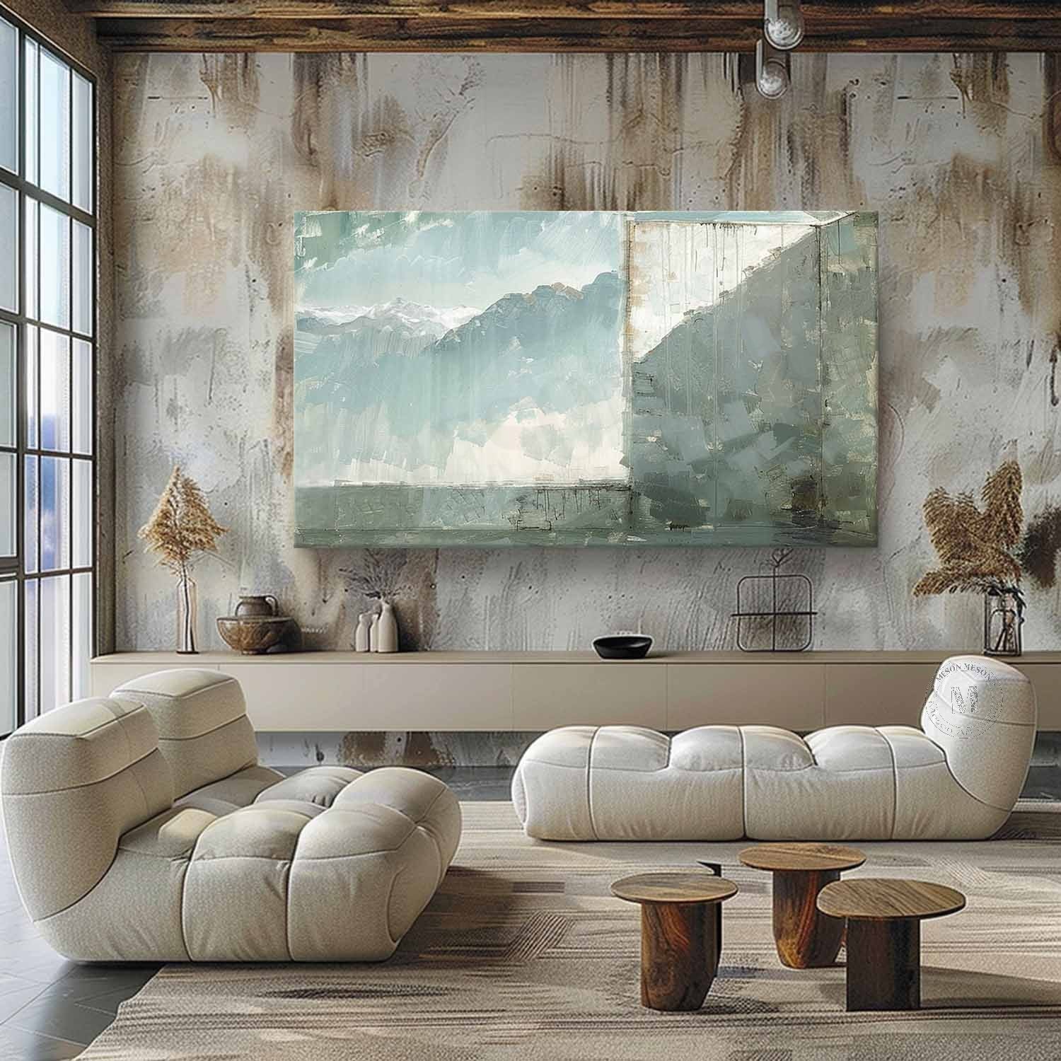 Large Gray and Green Scenic Canvas Art Wabi-Sabi Wall Art Gray and Green Minimalist Wall Art Decor