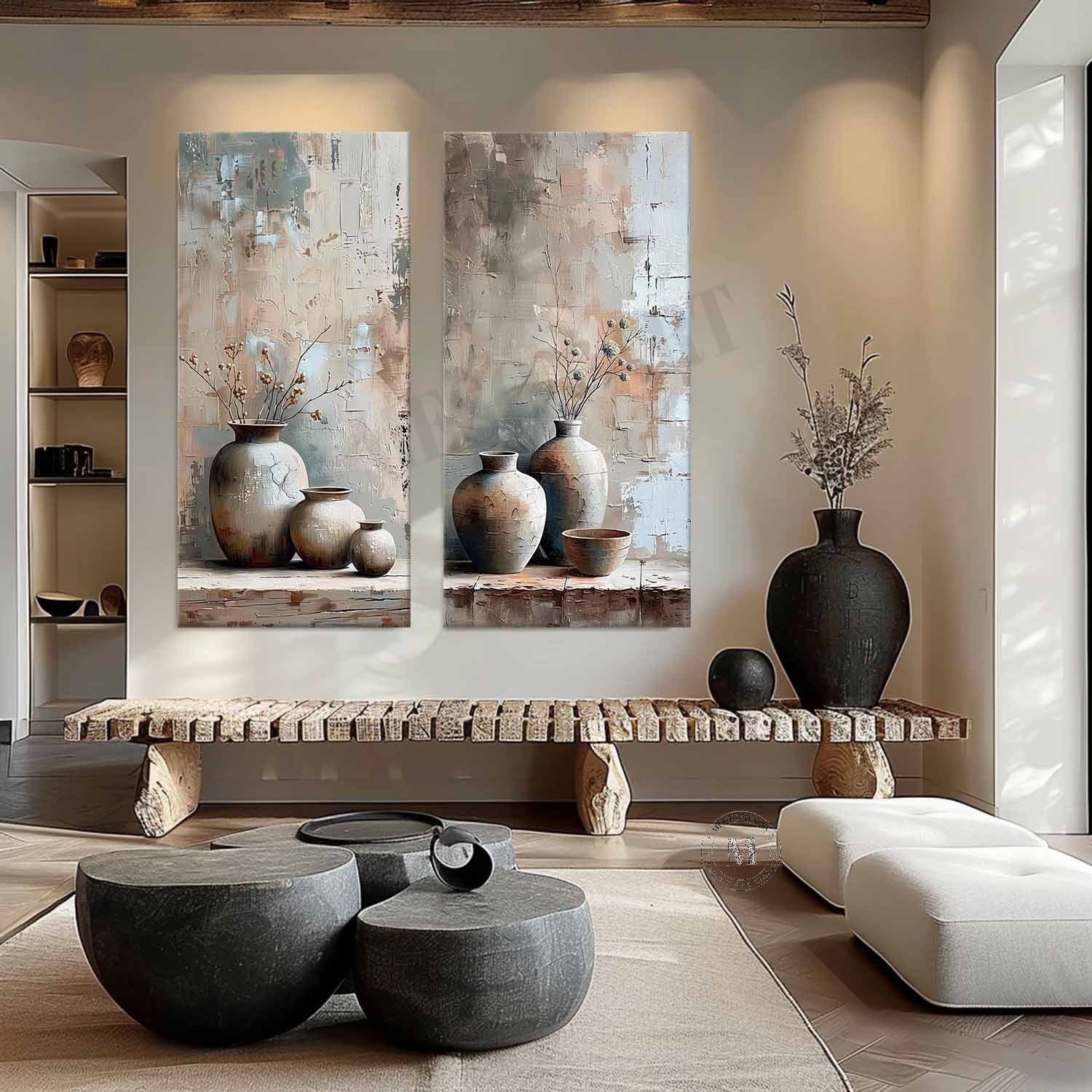 Set of 2 Large Clay Jar Vase Canvas Art for Sale Clay Jar Vase Artwork Clay Jar Still Life Painting