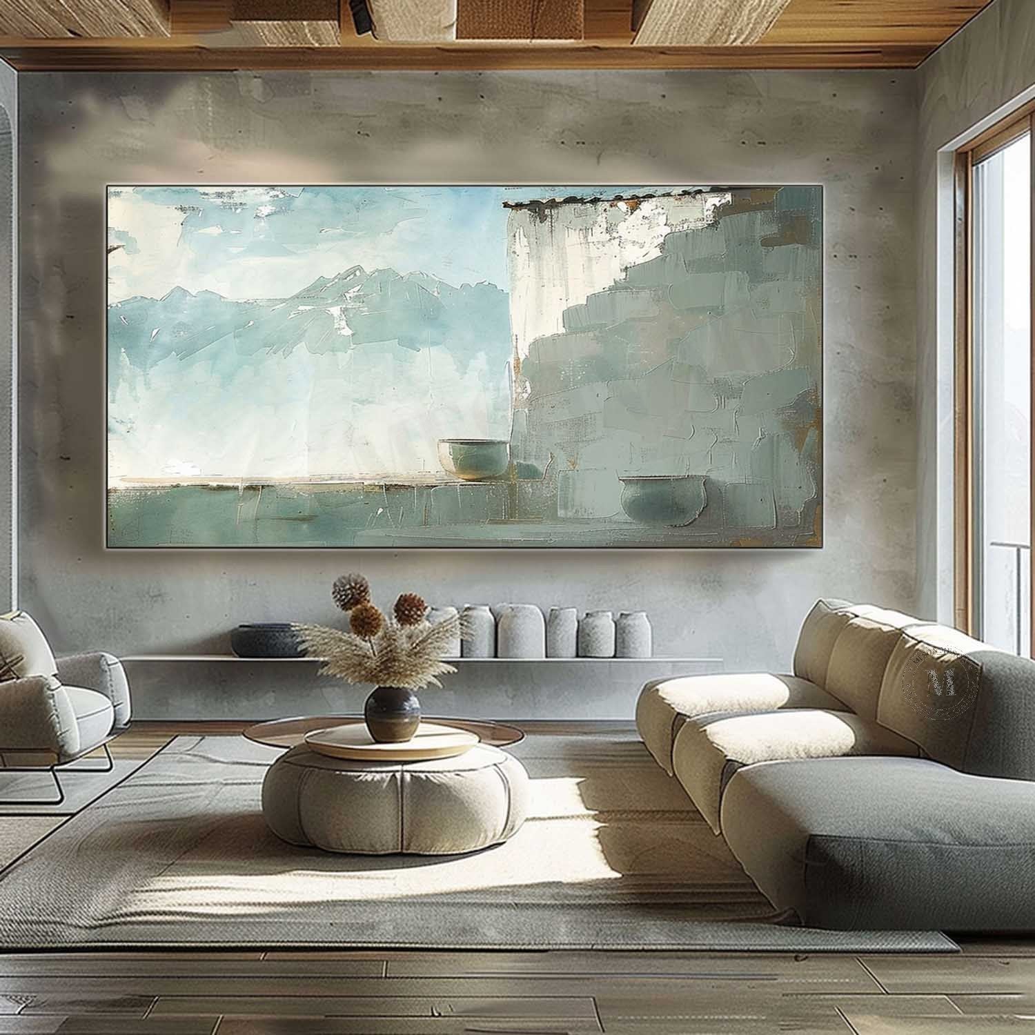 Large Green and Grey Landscape Canvas Art for Sale Wabi-Sabi Wall Art Green Landscape Painting