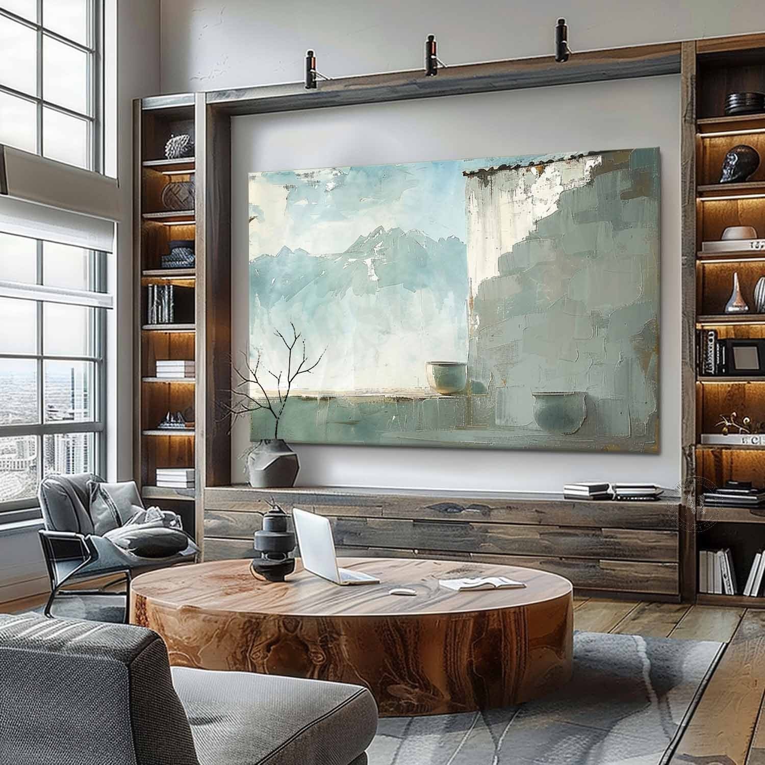 Large Green and Grey Landscape Canvas Art for Sale Wabi-Sabi Wall Art Green Landscape Painting
