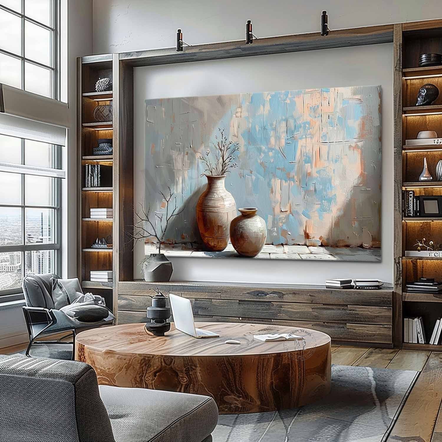 Large Clay Jar Vase Canvas Art for Sale Clay Jar Vase Artwork Blue and Green Clay Jar Still Life Painting