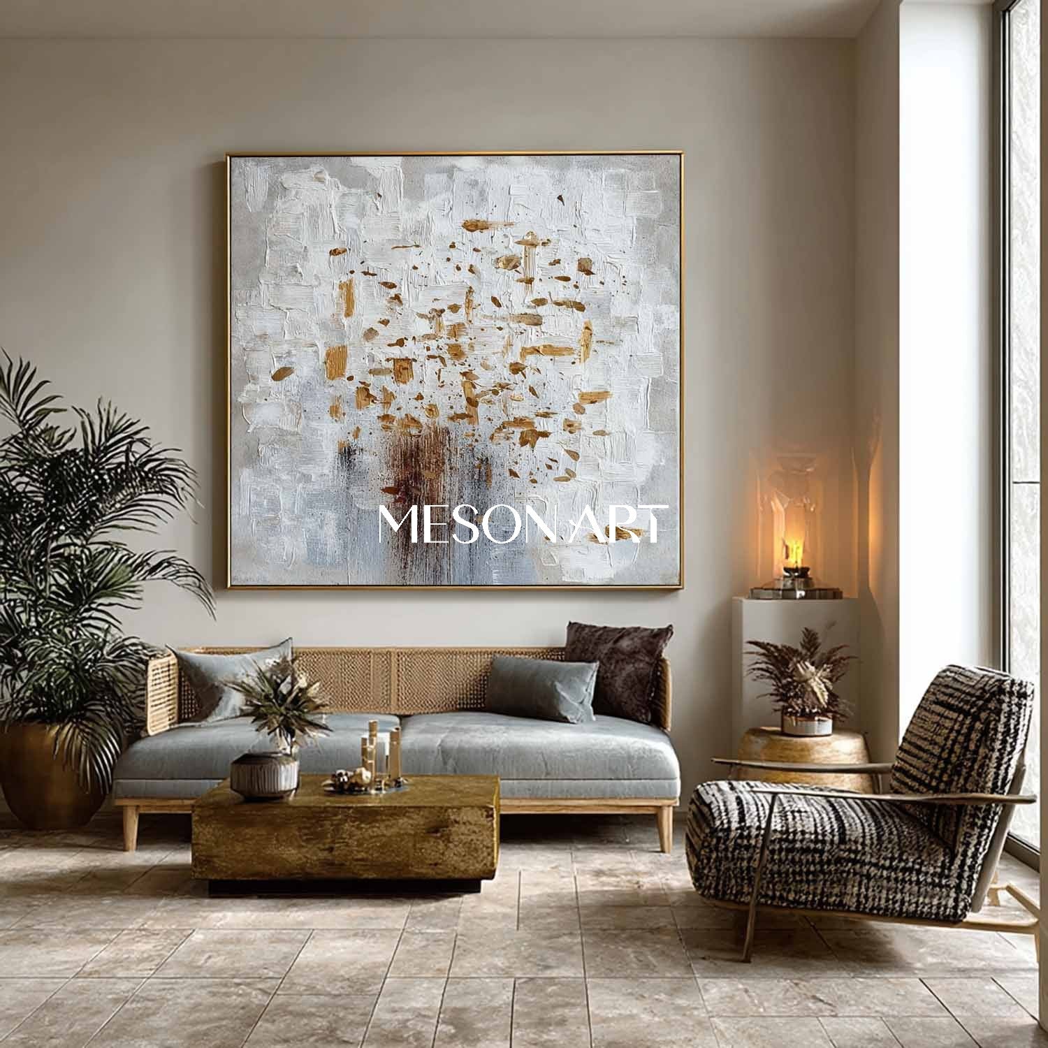Abstract Canvas Painting White Grey Gold Texture Minimalist Home Decor