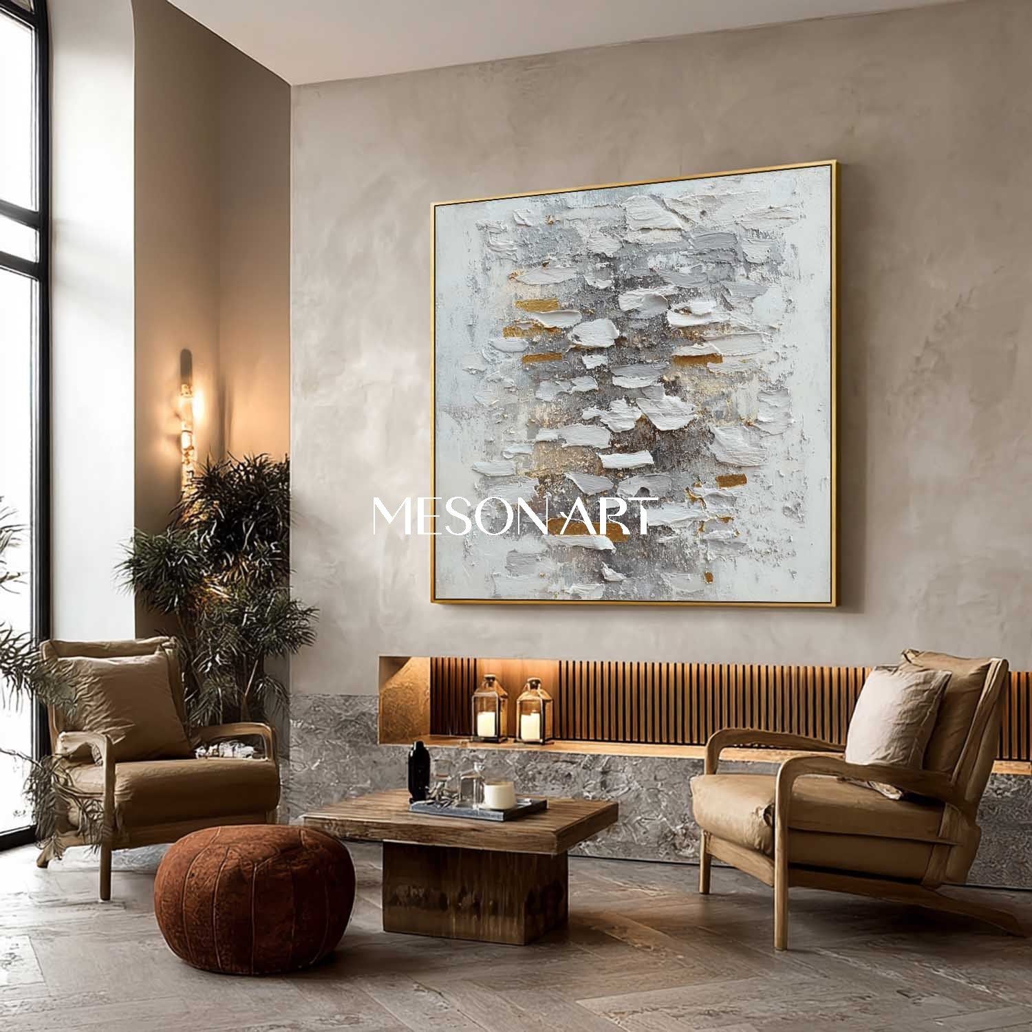 Handmade Abstract Wabi-Sabi Canvas Textured White Grey Gold Wall Art