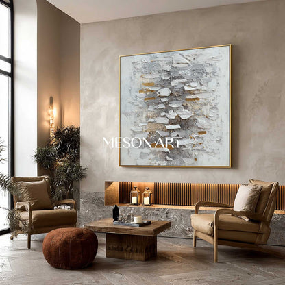 Handmade Abstract Wabi-Sabi Canvas Textured White Grey Gold Wall Art