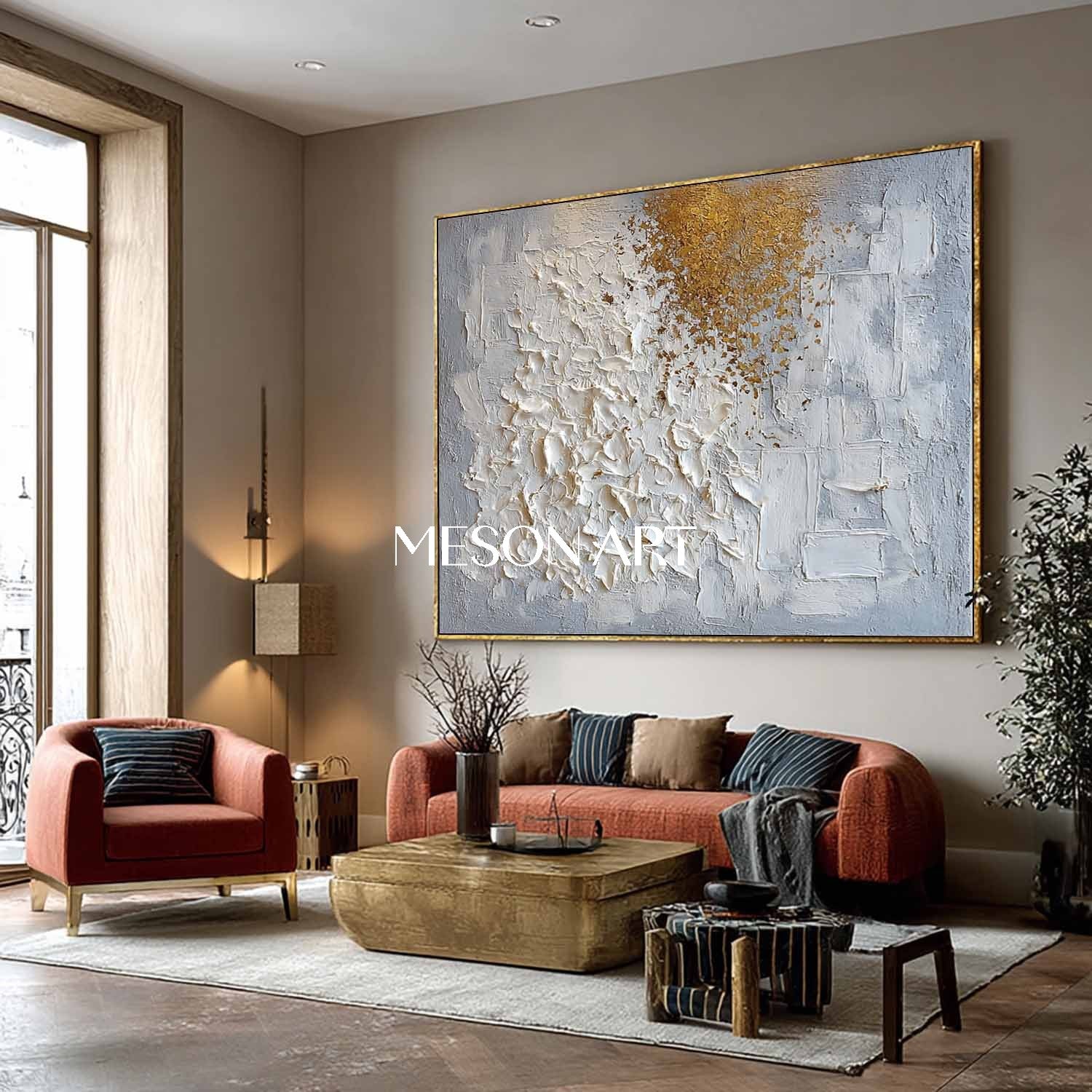 Textured Abstract Painting White and Gold Grey Neutral Canvas Decor