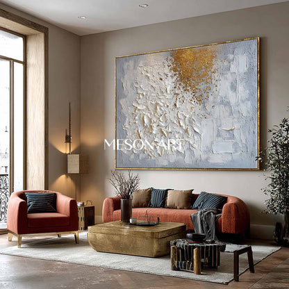 Textured Abstract Painting White and Gold Grey Neutral Canvas Decor