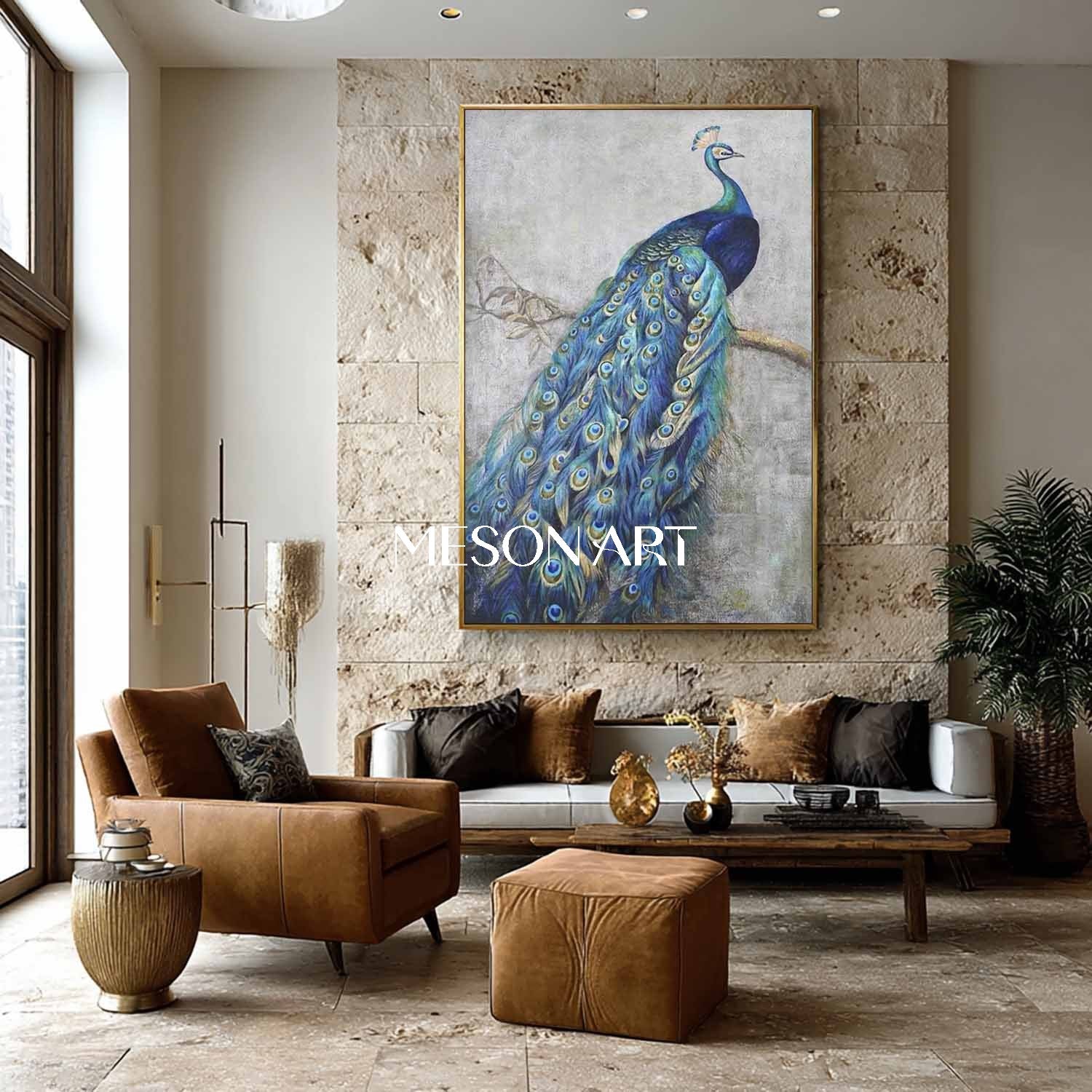 Luxury Blue Peacock Wall Art Large Modern Hand-Painted Canvas Painting