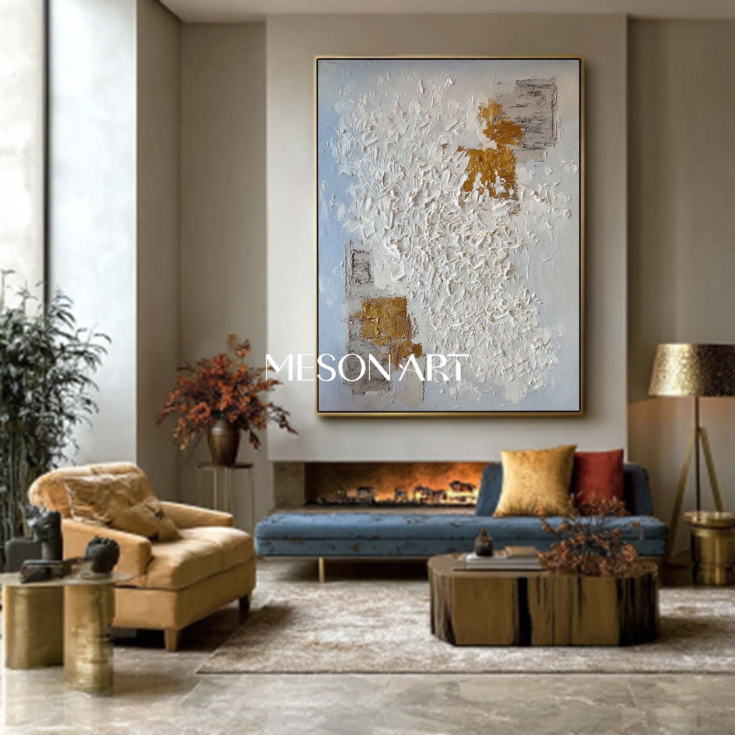 Abstract Expressionist Painting White Gold Texture Contemporary Art