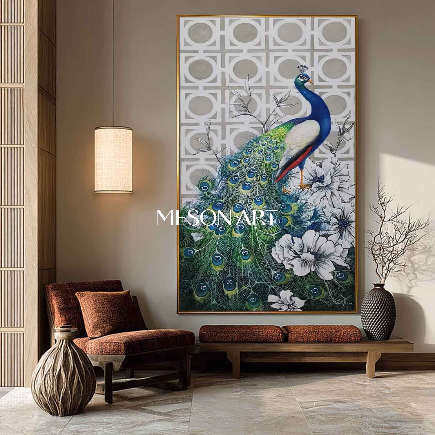 Green Peacock Modern Hand-Painted Painting Vertical Canvas On Sale