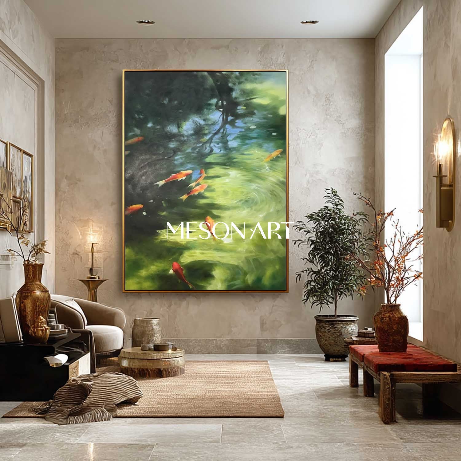 Handmade Green Water Feng Shui Koi Fish Canvas Peaceful Zen Wall Art