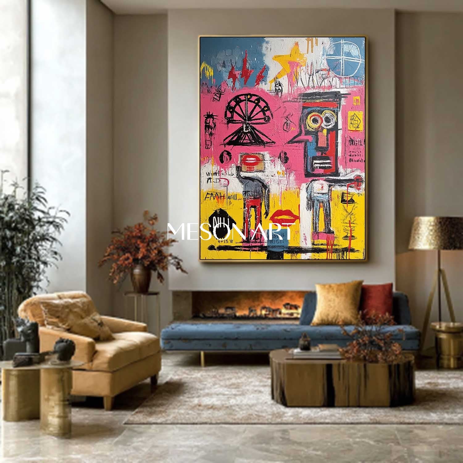 カラフルなバスキア風グラフィティアート原画額装玄関 – MesonArt