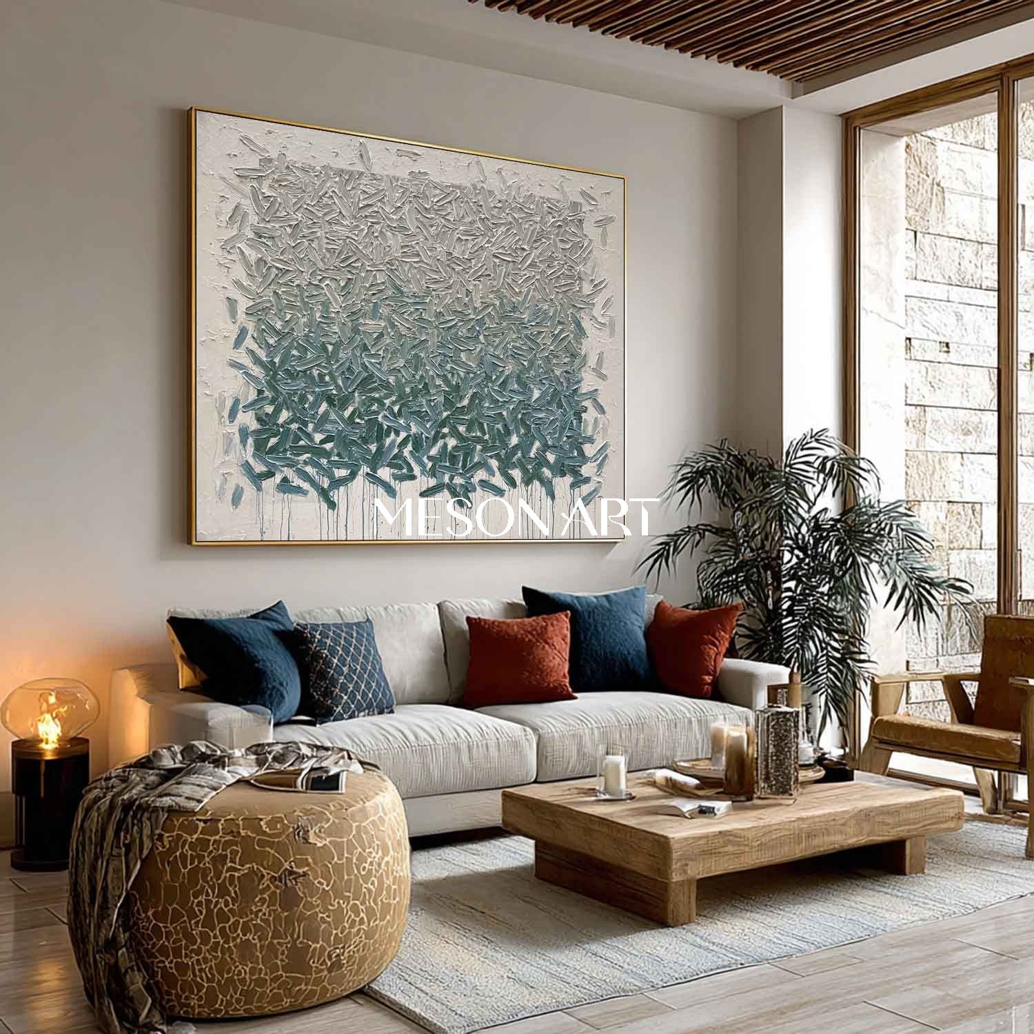 Horizontal Abstract Canvas Painting Grey Blue-Green Textured Wall Art