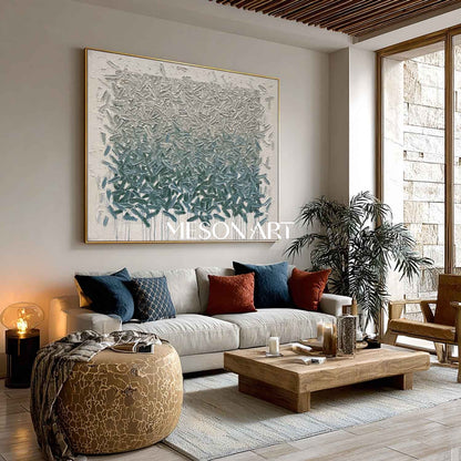 Horizontal Abstract Canvas Painting Grey Blue-Green Textured Wall Art