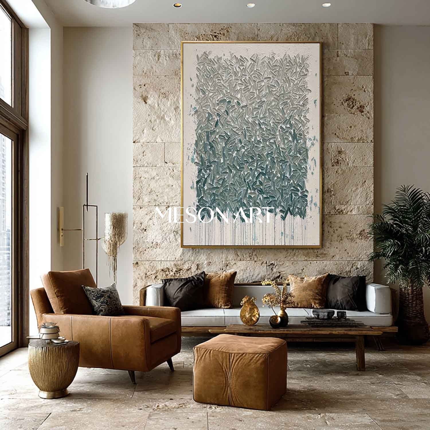 Abstract Expressionism Oil Painting Grey-Blue Green Textured Wall Art
