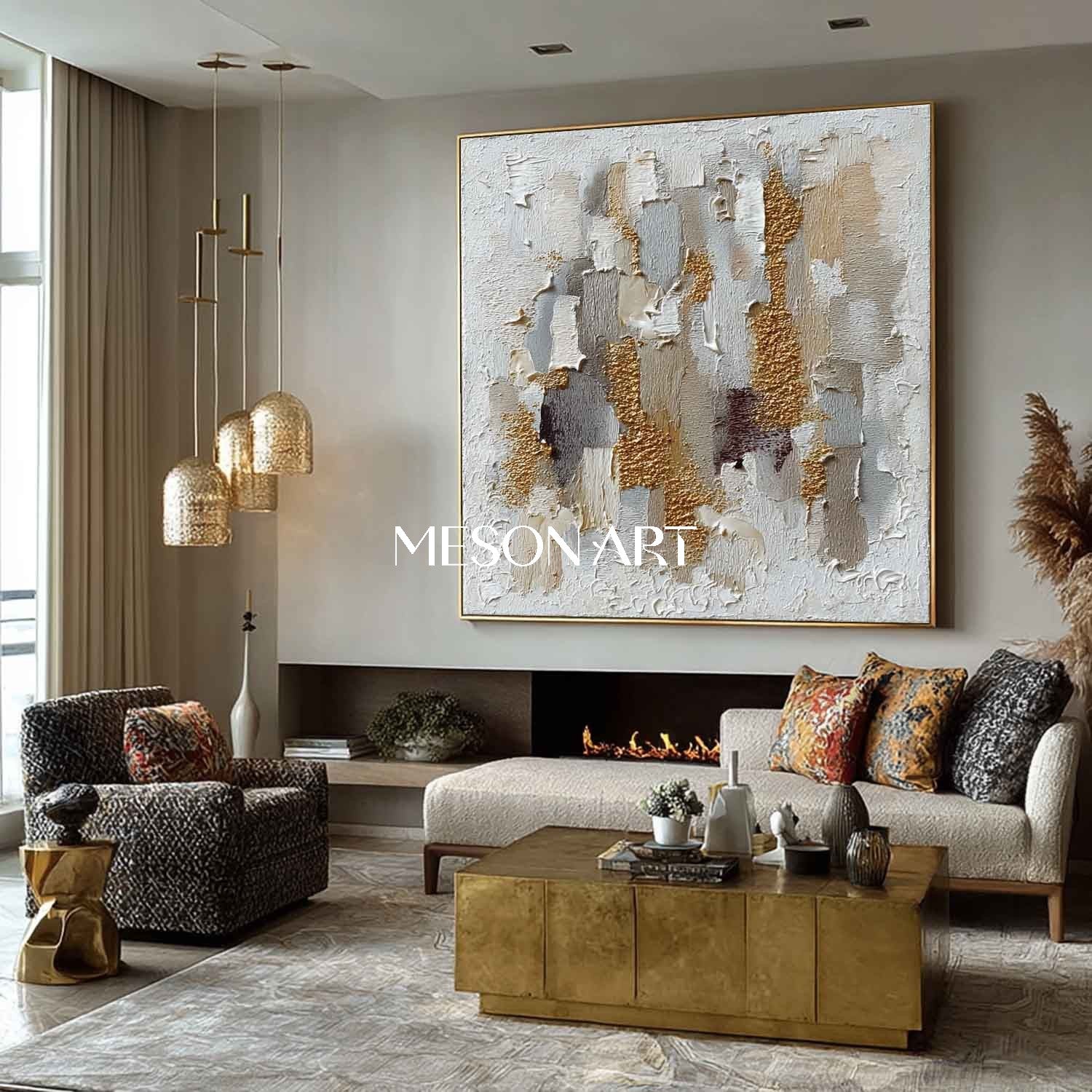 Geometric Abstract Wabi-Sabi Painting Textured White Grey Gold Canvas