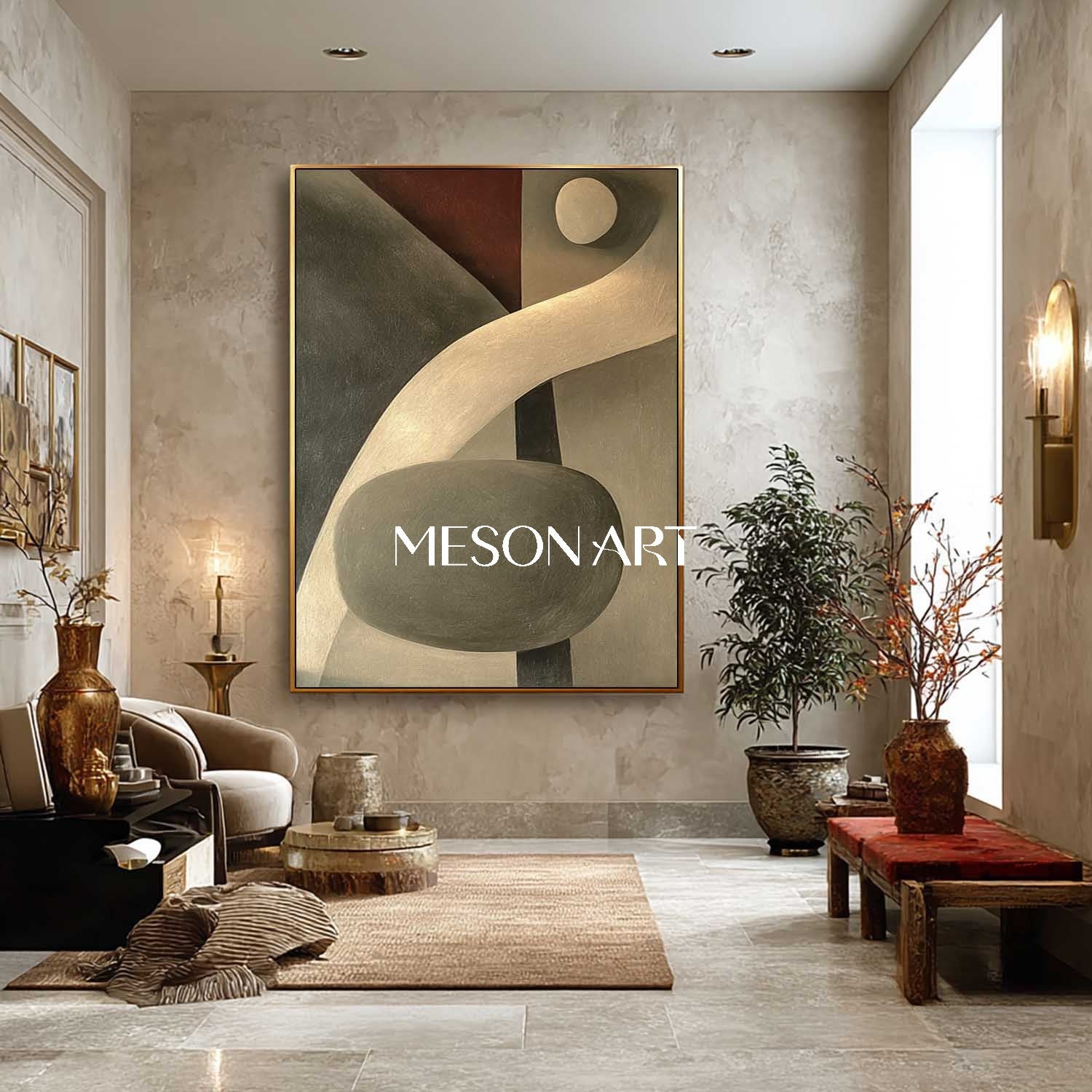 Warm Gray Abstract Textured Oil Painting Canvas Framed Art Entryway