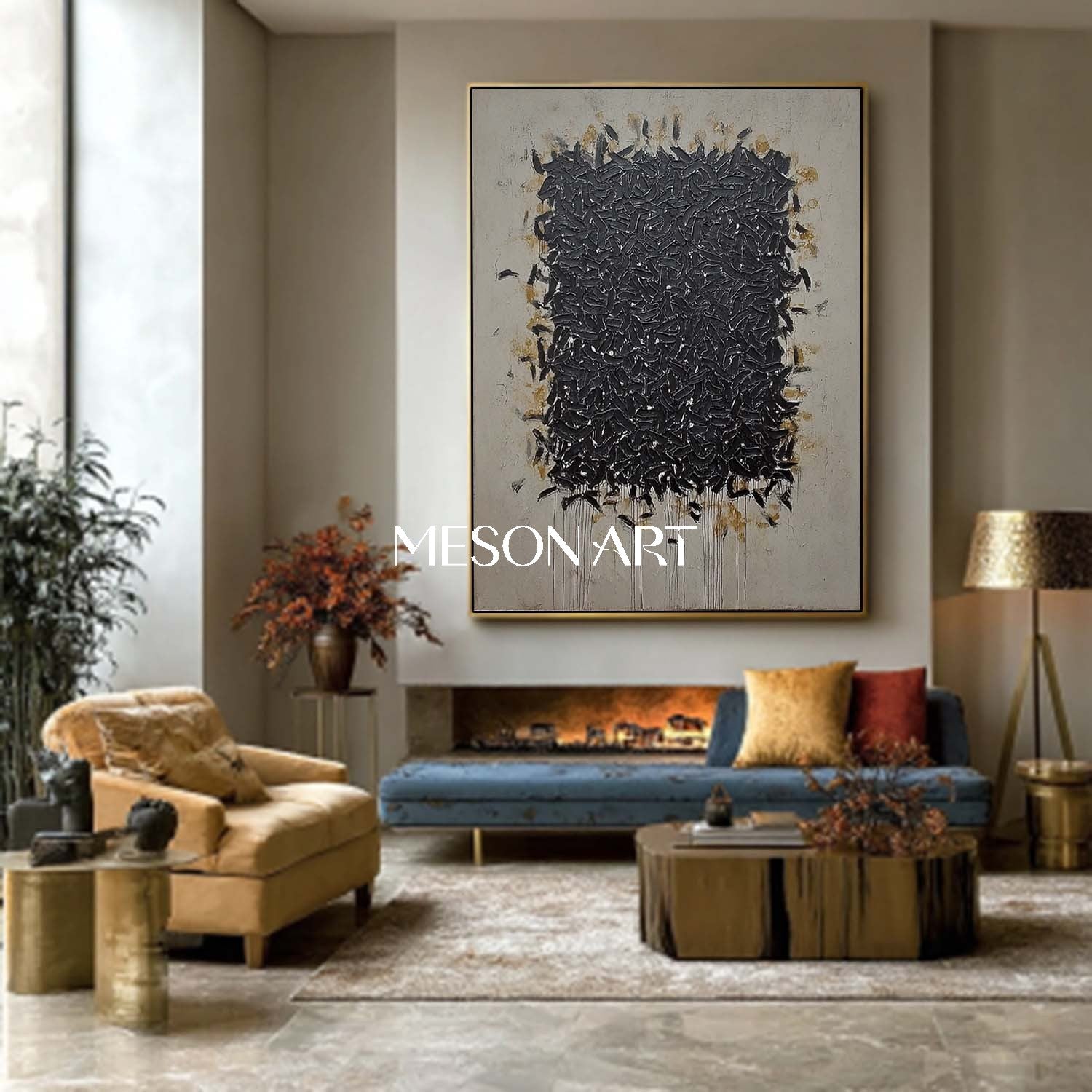 Handmade Black Abstract Painting Wabi-Sabi Style Minimalist Decor