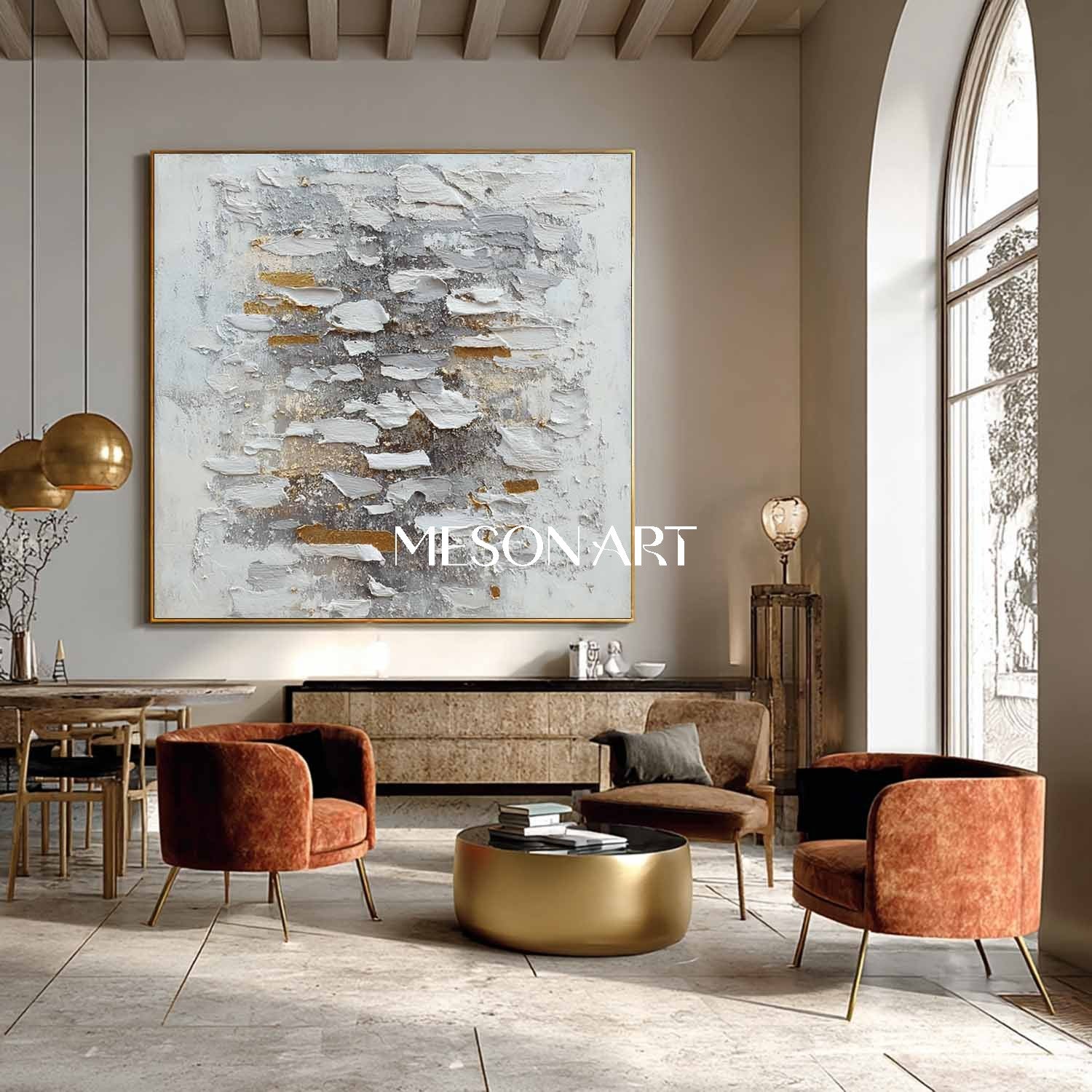 Handmade Abstract Wabi-Sabi Canvas Textured White Grey Gold Wall Art