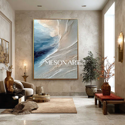Large 3D Beige and Blue Coastal Beach Texture Canvas Wall Art Painting