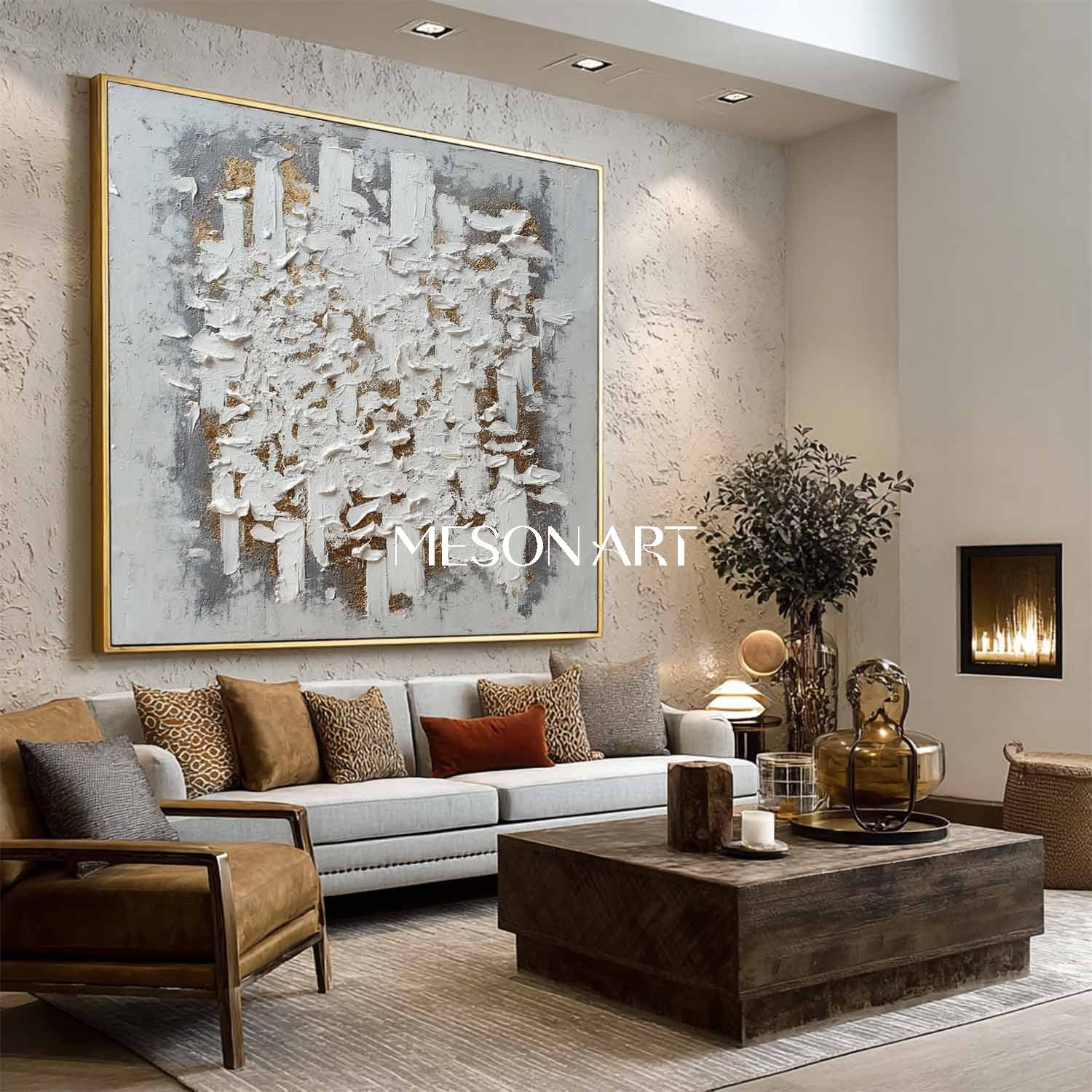 Wabi-Sabi Abstract Painting Textured Canvas White Gold Modern Wall Art