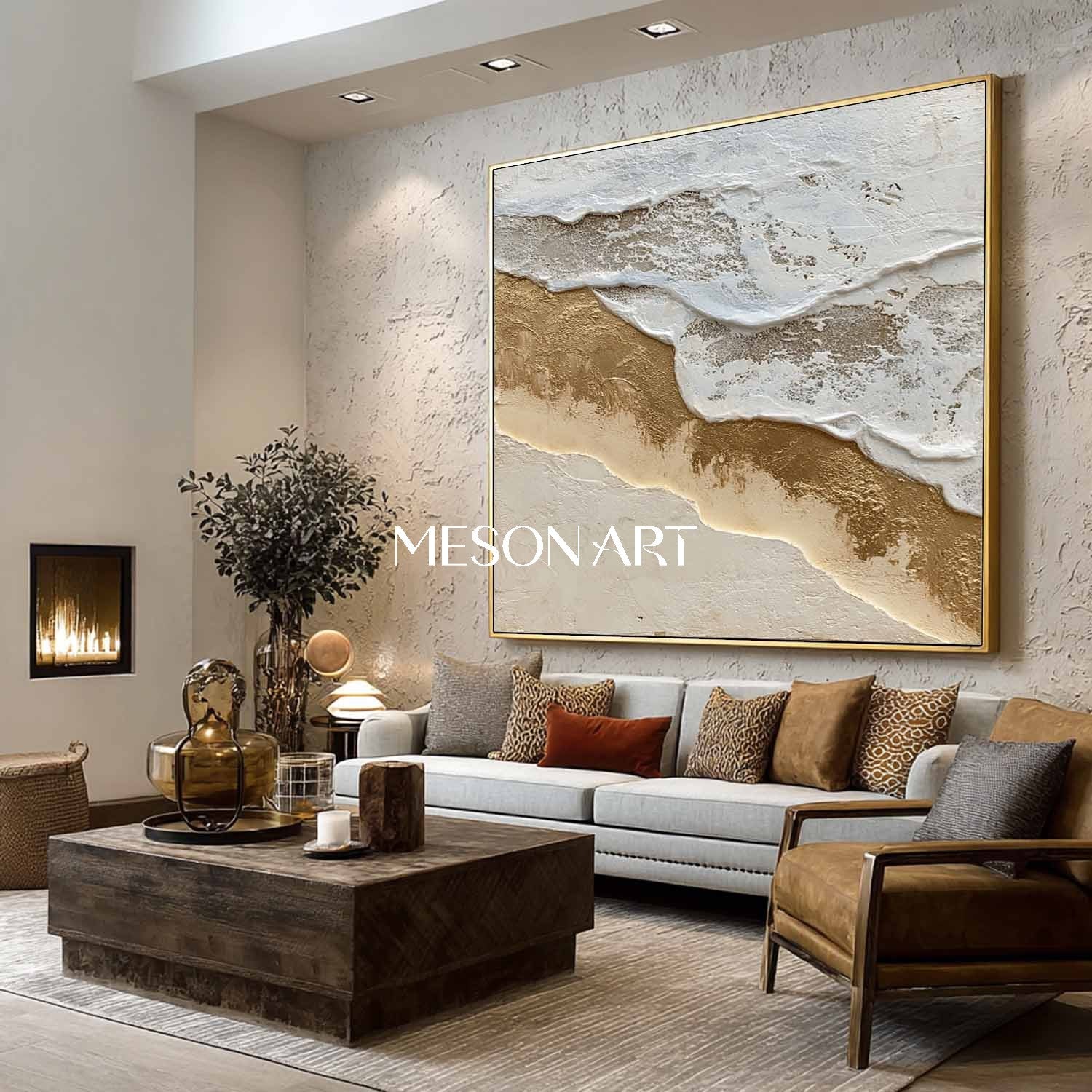 3D White and Gold Ocean Waves Texture Painting Beach Abstract Wall Art