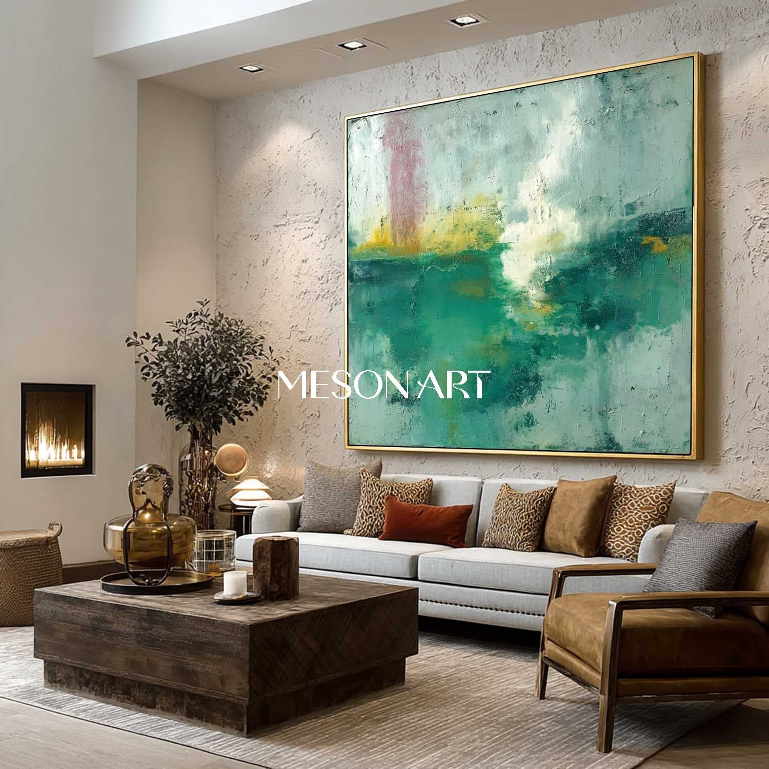 Large Light Green Abstract Art for Sale Living Room Framed Wall Decor