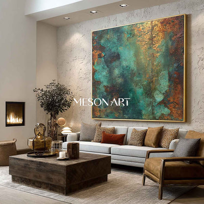 Large Abstract Green and Bronze Art for Bathroom Texture Wall Decor