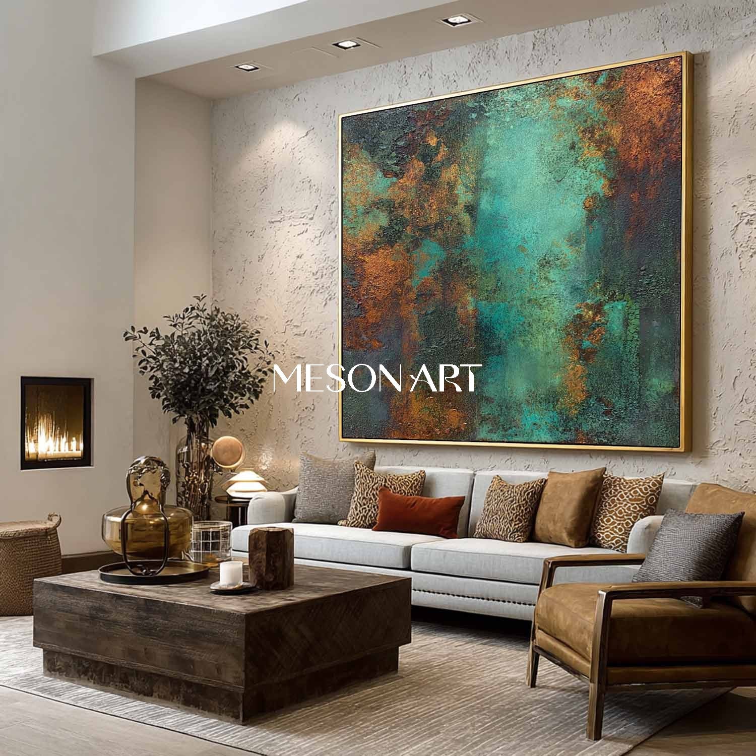 Big Green and Bronze Abstract Texture Art Fireplace Canvas Wall Decor