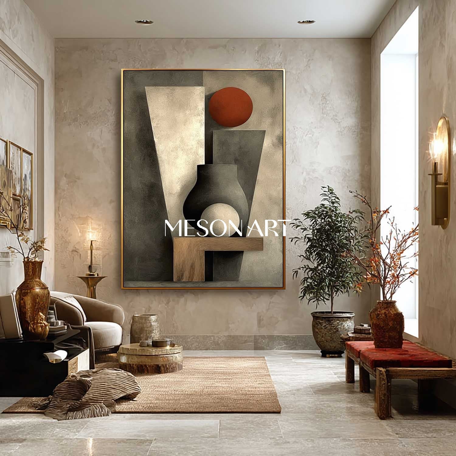 Gray Abstract Modern Geometric Impasto Framed Art Living Room Wall Decor