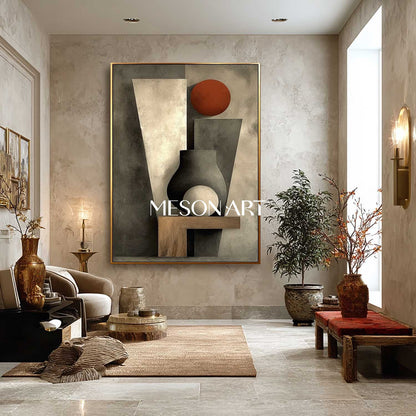 Gray Abstract Modern Geometric Impasto Framed Art Living Room Wall Decor