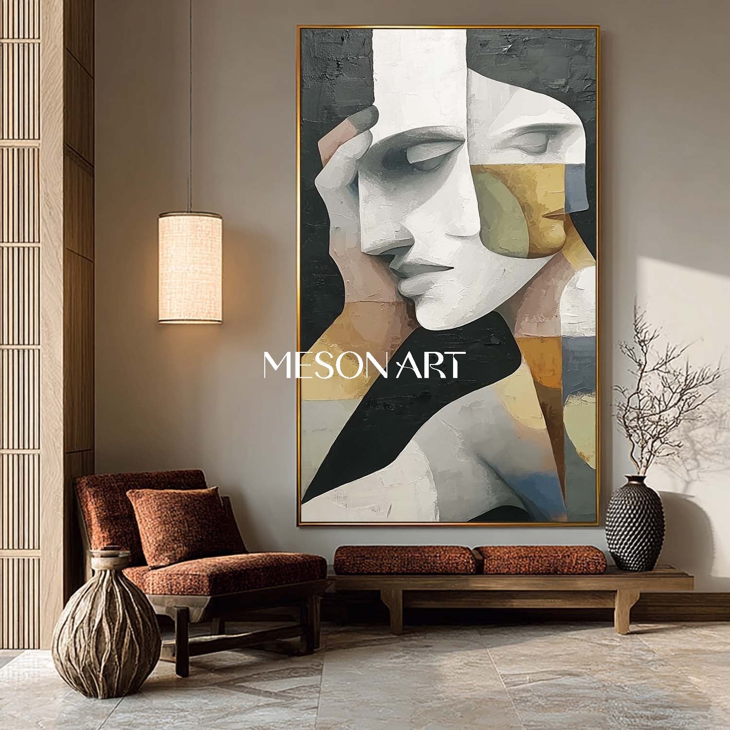 Buy Abstract Cubism Painting Textured Vertical Framed Wall Art On Sale