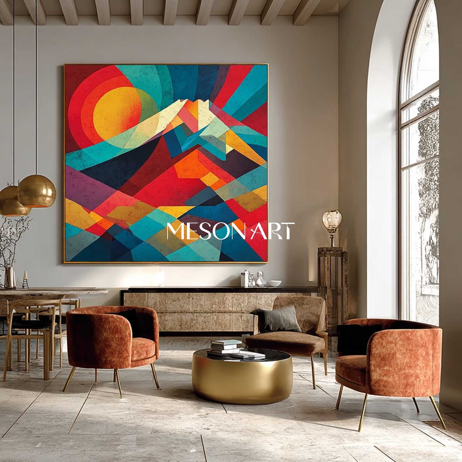 Colorful Geometric Sunrise Landscape Wall Art Abstract Mountain Canvas