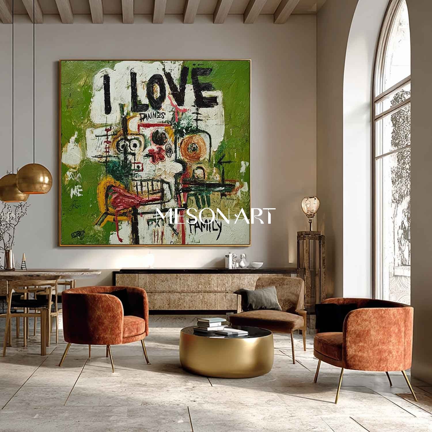 Basquiat Style Abstract Portrait Painting Modern Green Canvas Wall Art