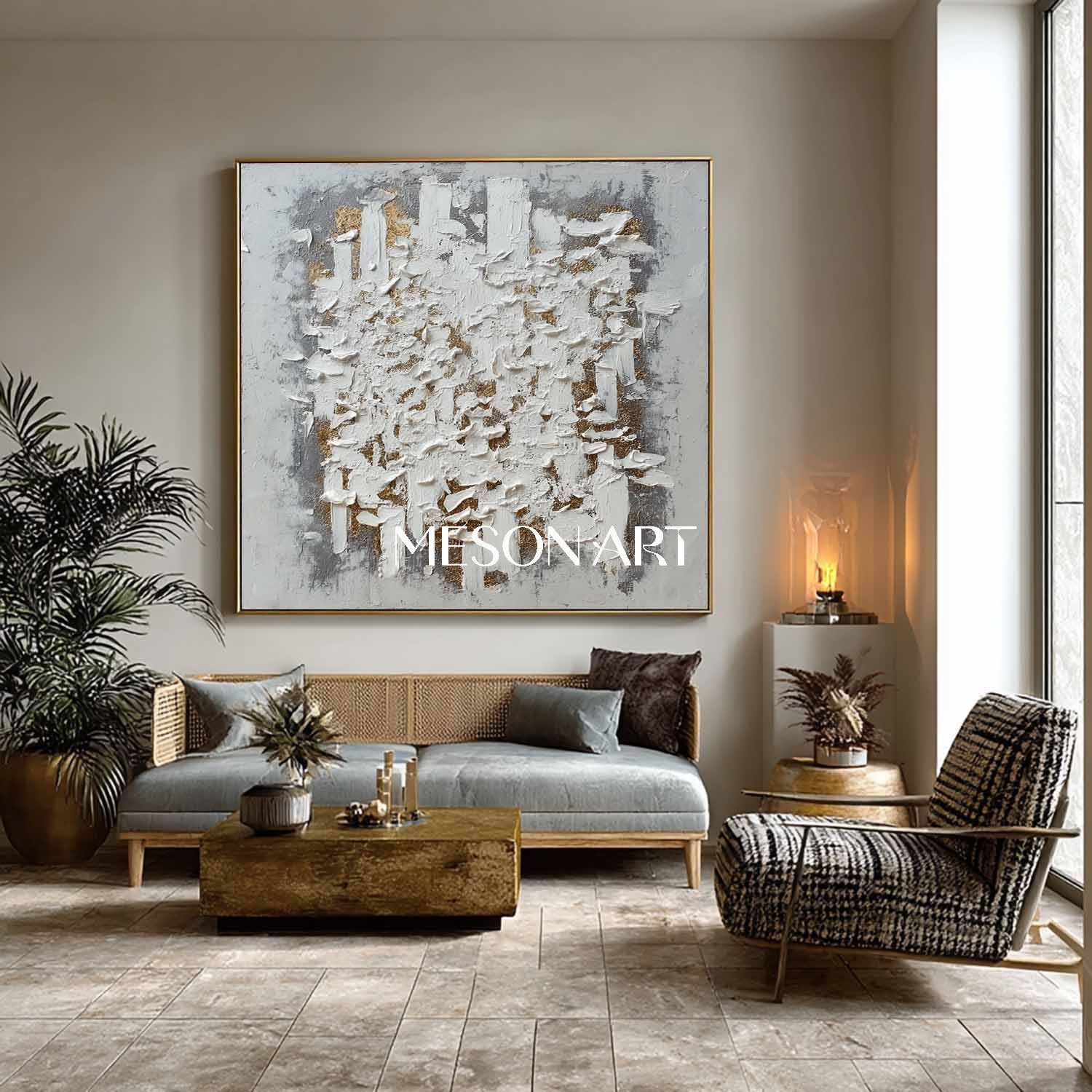 Wabi-Sabi Abstract Painting Textured Canvas White Gold Modern Wall Art
