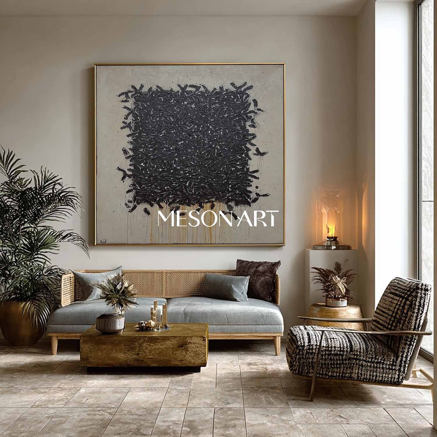 Black Taupe Abstract Artwork Textured Brush Strokes Modern Wall Art