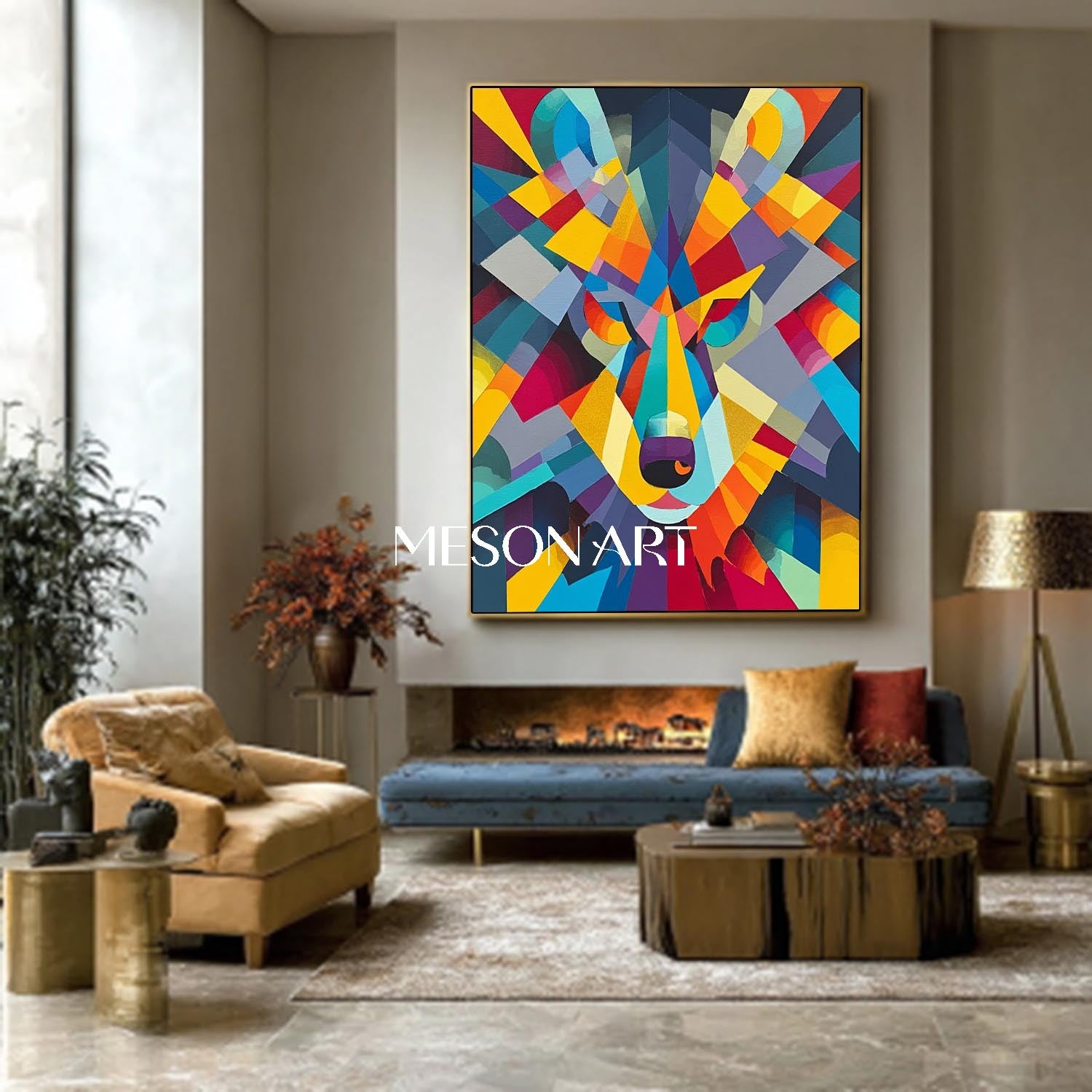 Pop Cubism Wolf Painting Geometric Colorful Abstract Animal Artwork