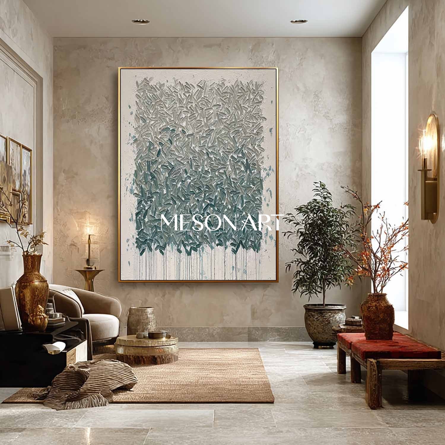 Abstract Expressionism Oil Painting Grey-Blue Green Textured Wall Art
