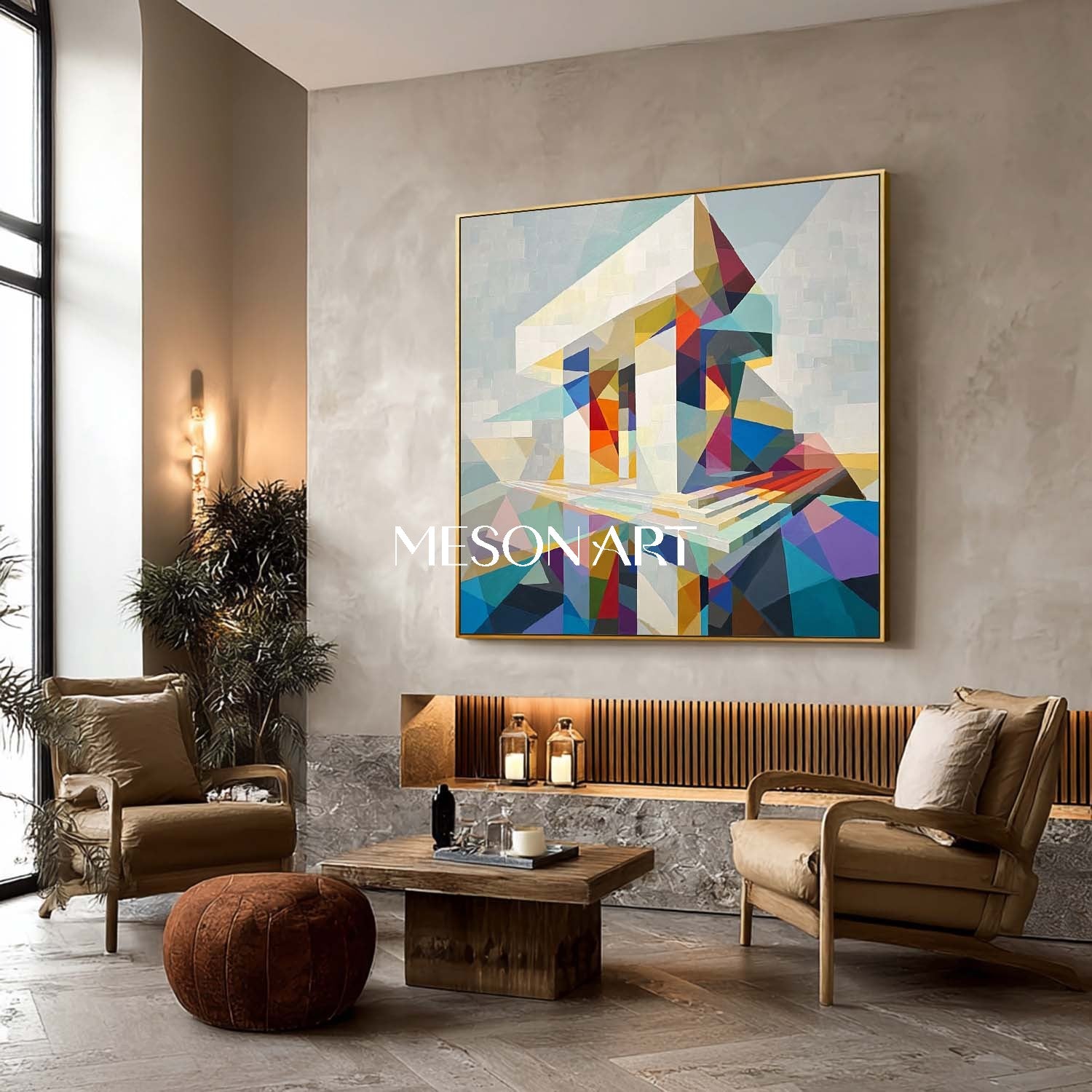 Colorful Geometric Building Wall Art Modern Abstract Structure Office