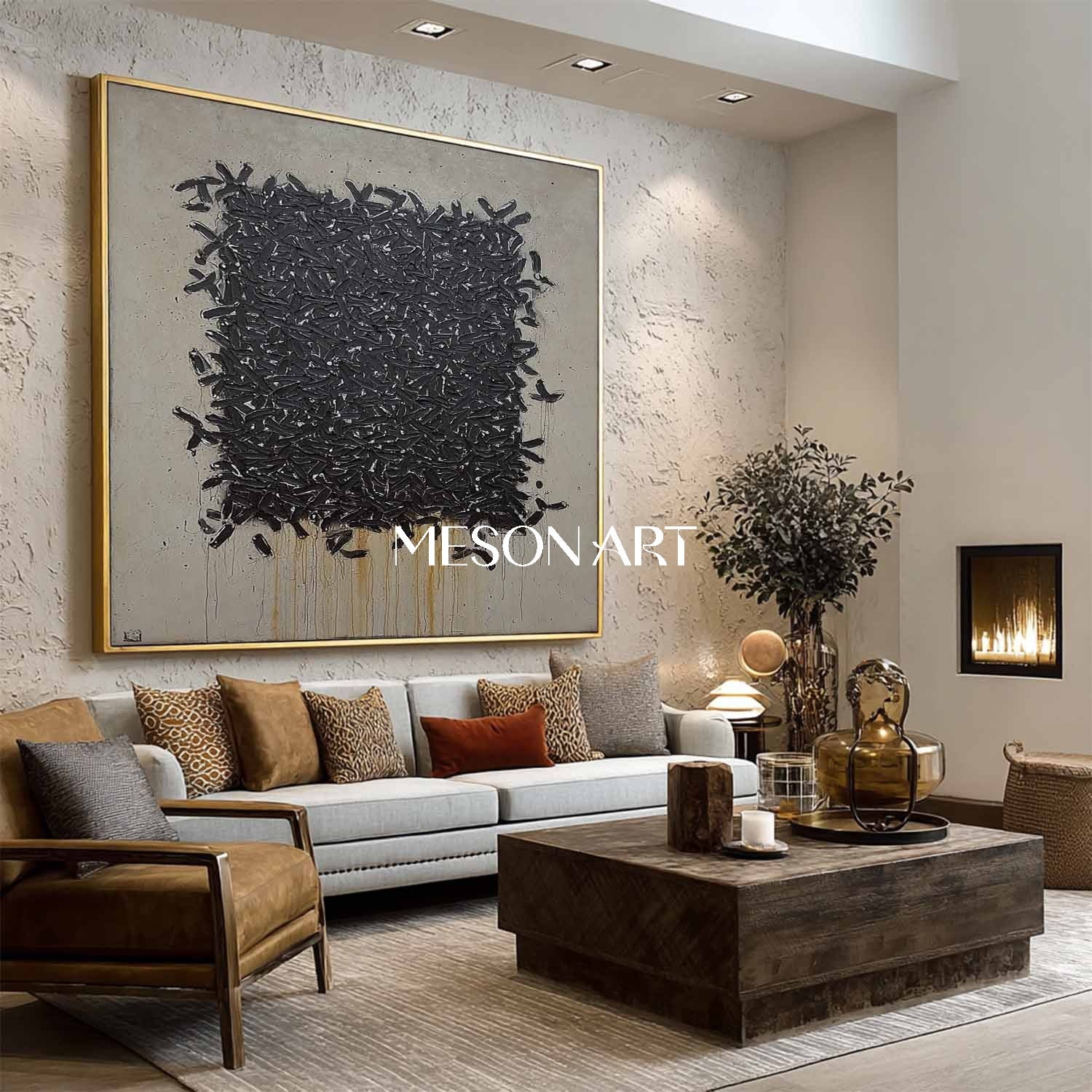 Black Taupe Abstract Artwork Textured Brush Strokes Modern Wall Art