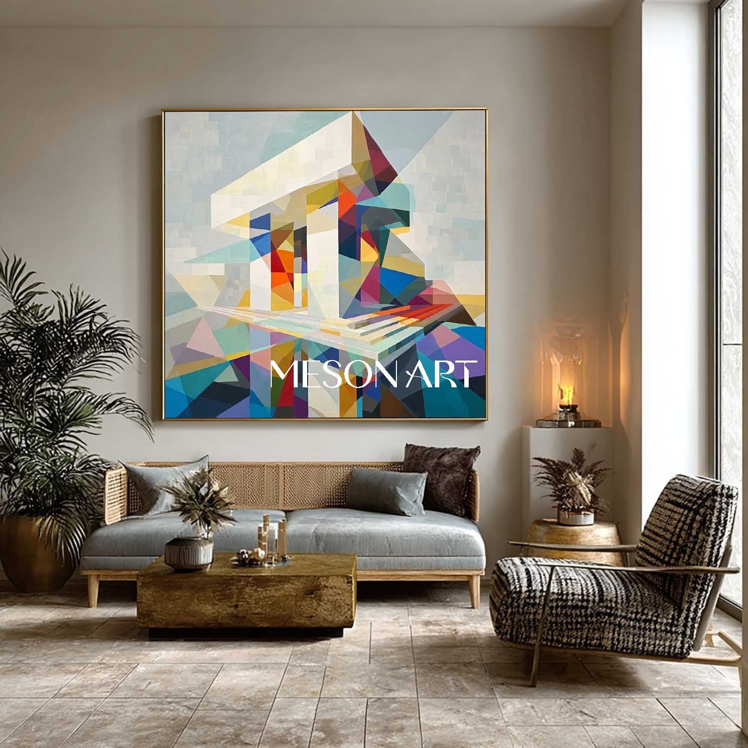 Colorful Geometric Building Wall Art Modern Abstract Structure Office