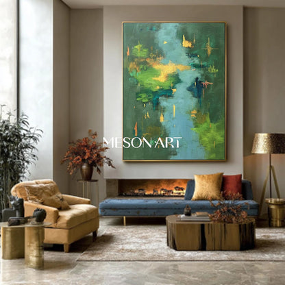 Vibrant Landscape Canvas Green Abstract Painting Large Forest Wall Art