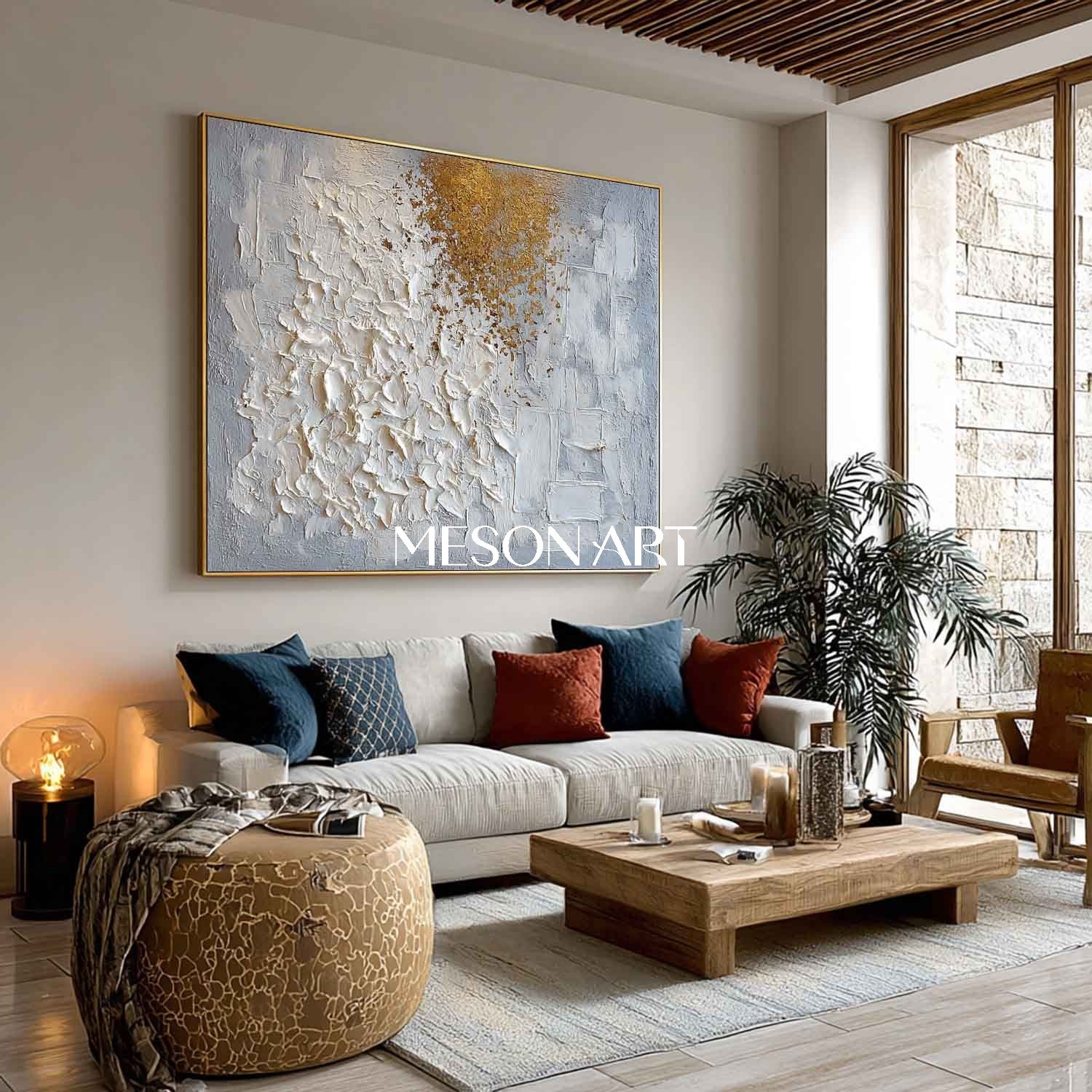 Textured Abstract Painting White and Gold Grey Neutral Canvas Decor