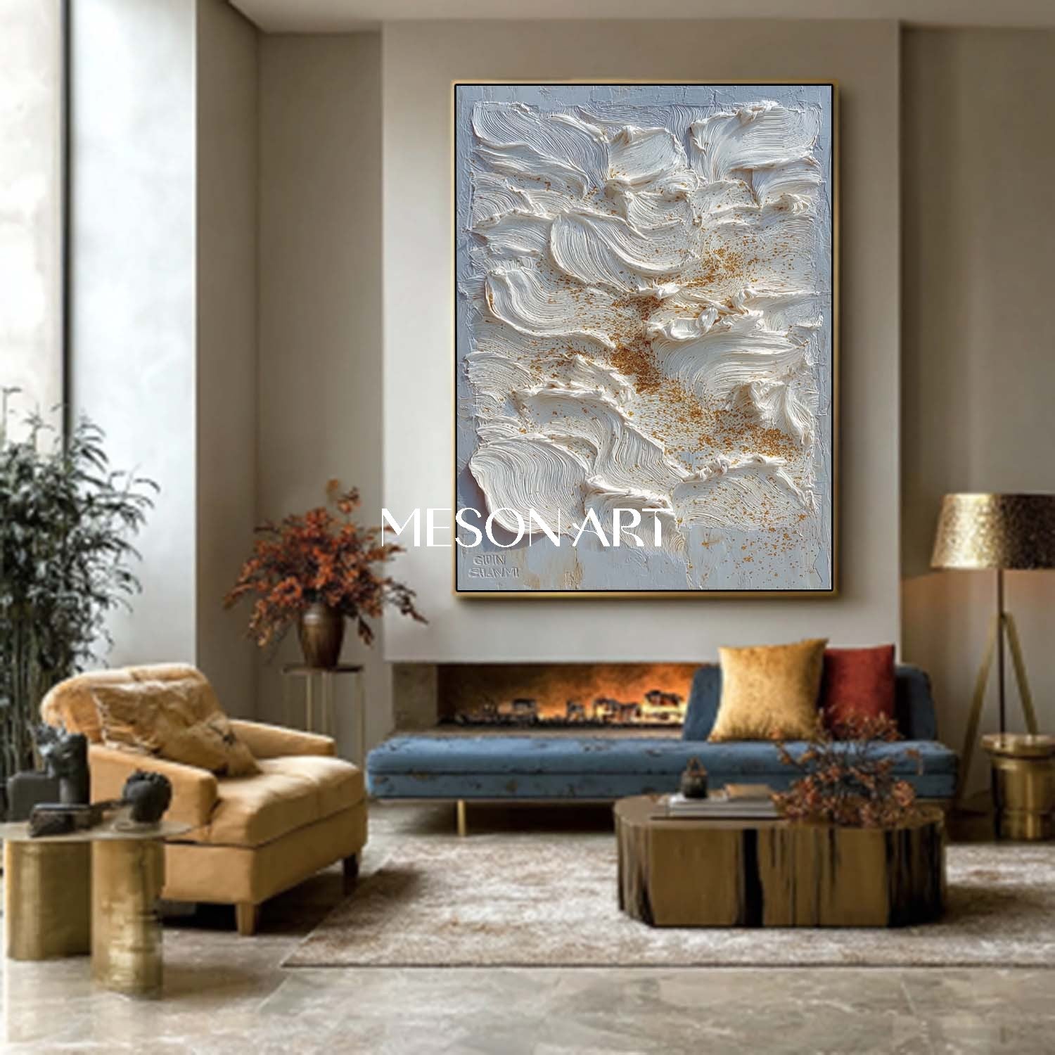 Large Vertical Impasto Painting White Texture Canvas with Gold Accents