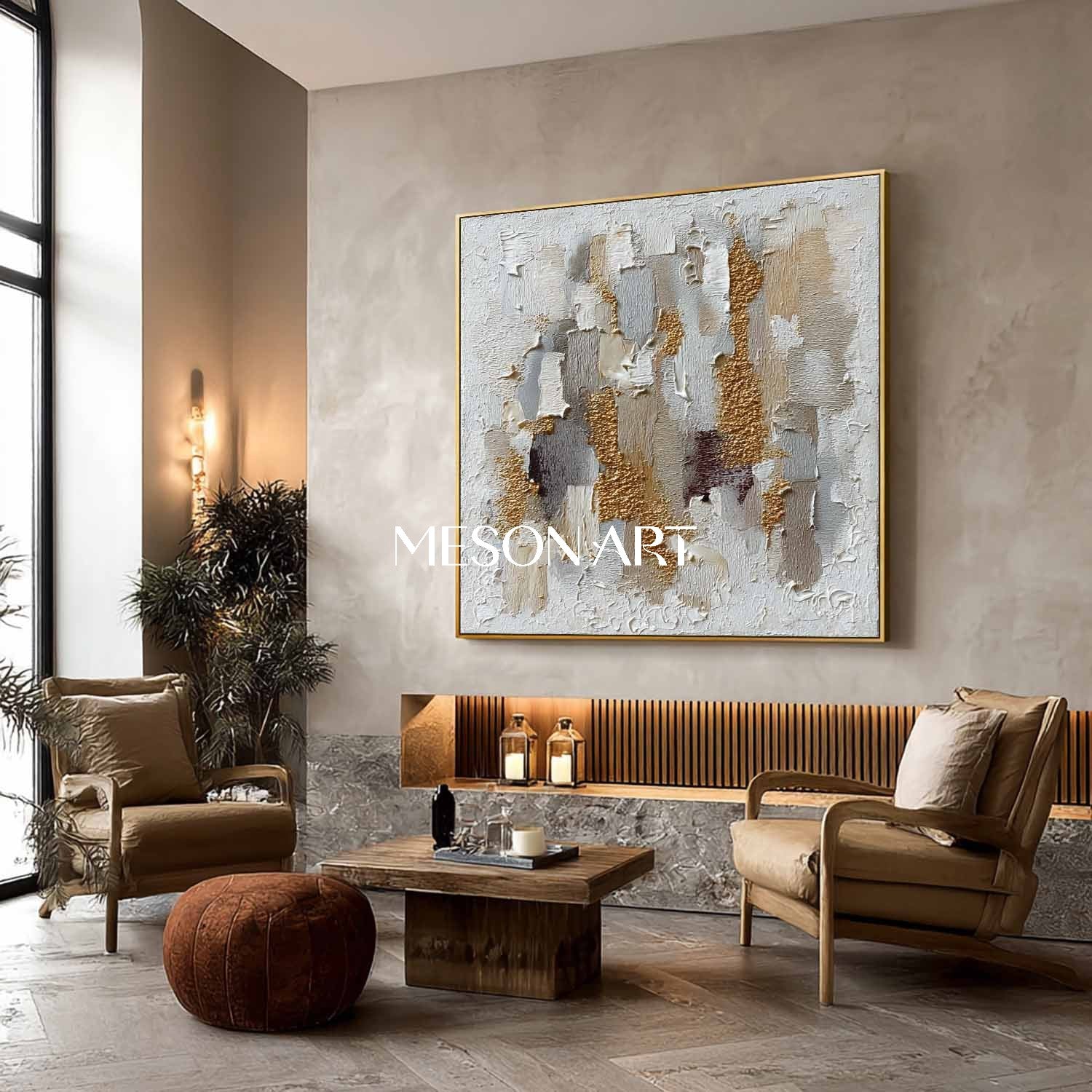 Geometric Abstract Wabi-Sabi Painting Textured White Grey Gold Canvas