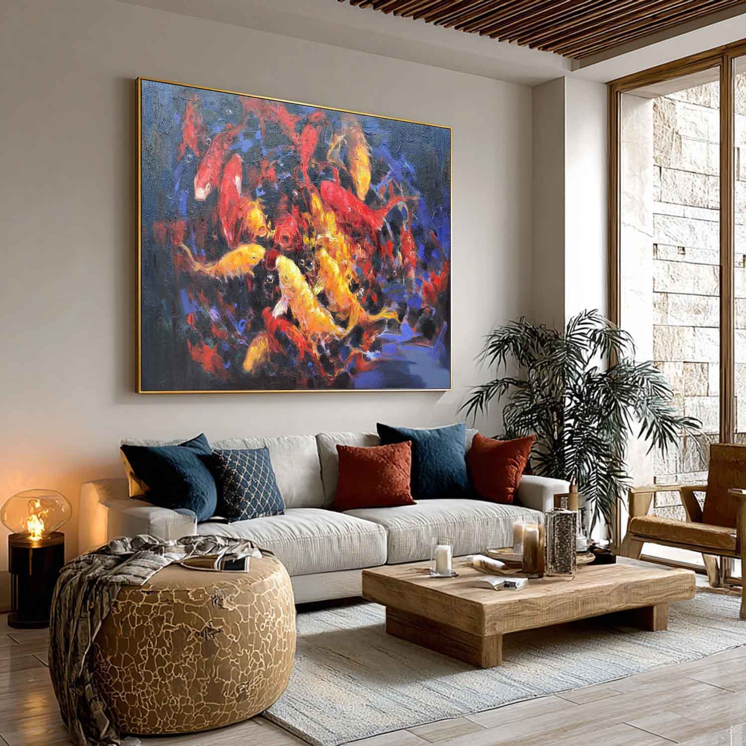 Large Realism Koi Fish Painting Colorful Wall Art Lucky Feng Shui Art