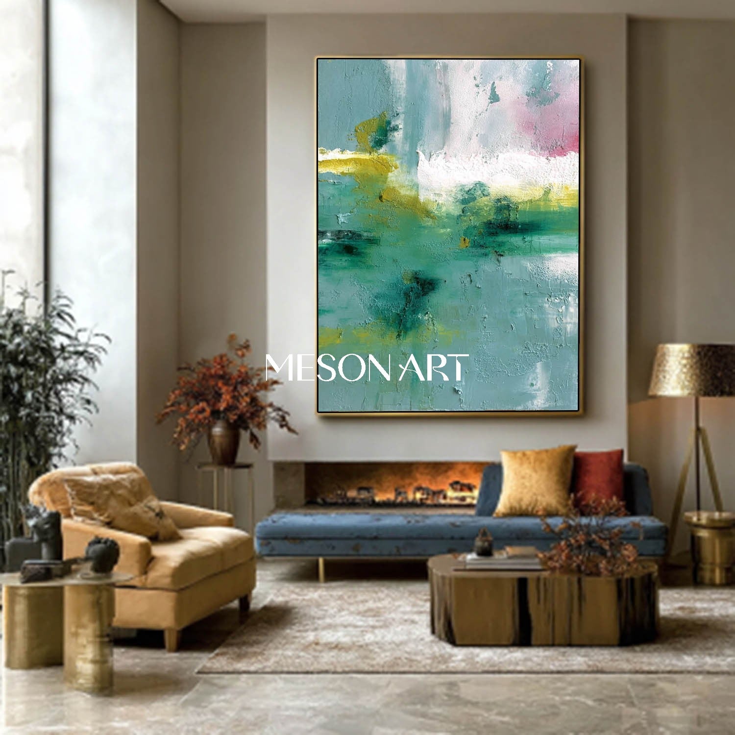Light Green Abstract Painting Green Wall Art Decor Above the Fireplace