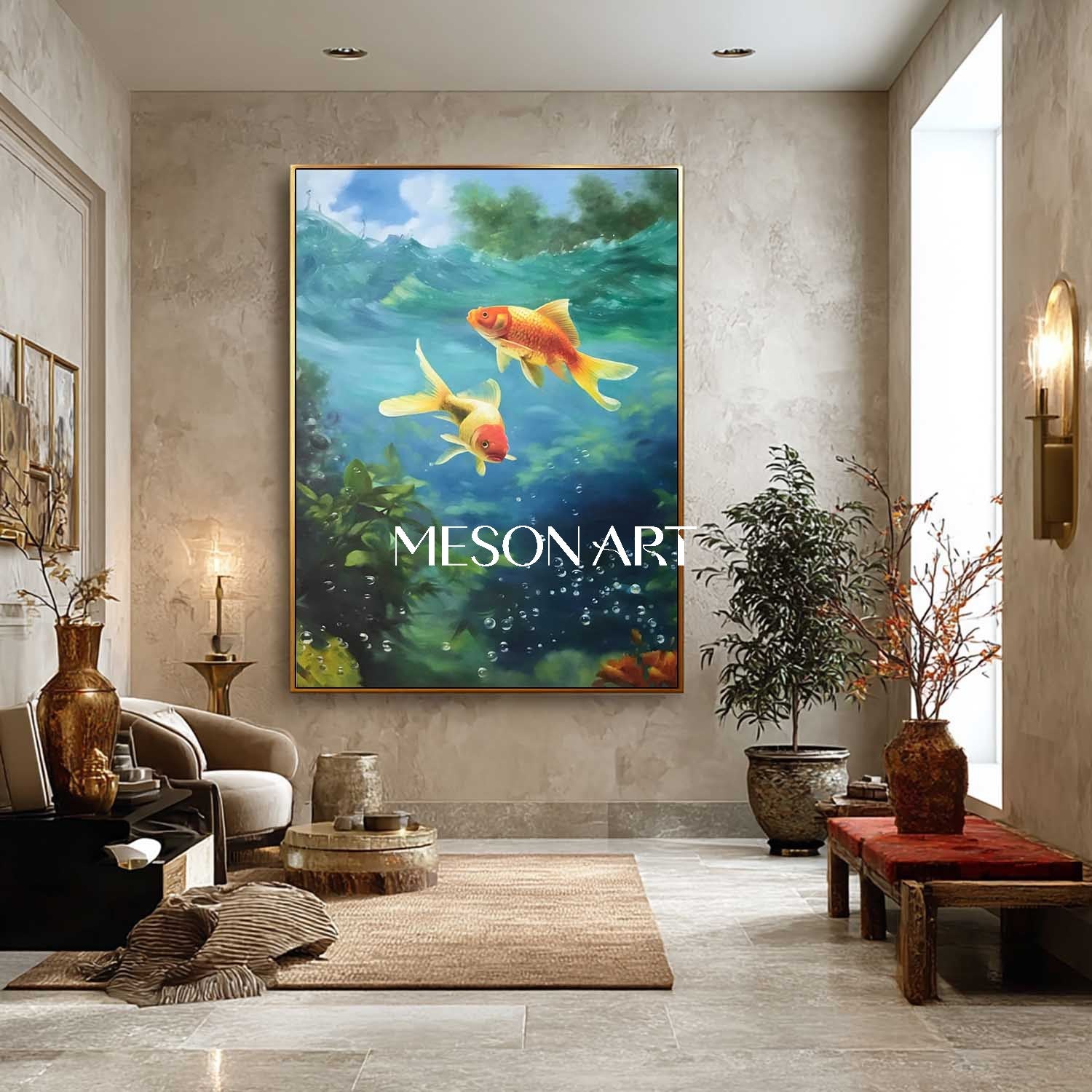 Blue Water Goldfish Painting Feng Shui Wall Art Home and Office Decor