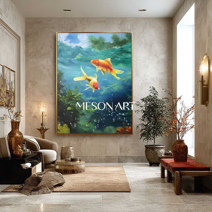 Blue Water Goldfish Painting Feng Shui Wall Art Home and Office Decor